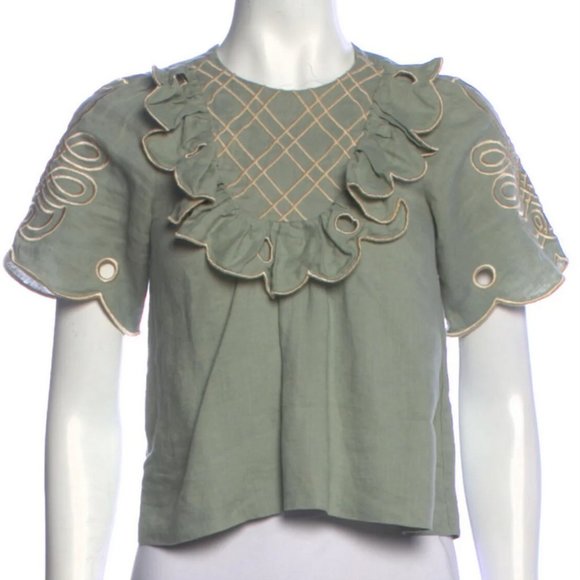 Innika Choo Linen Green Ruffle Embroidered Crew Neck Short Sleeve Crop Top - Picture 1 of 5